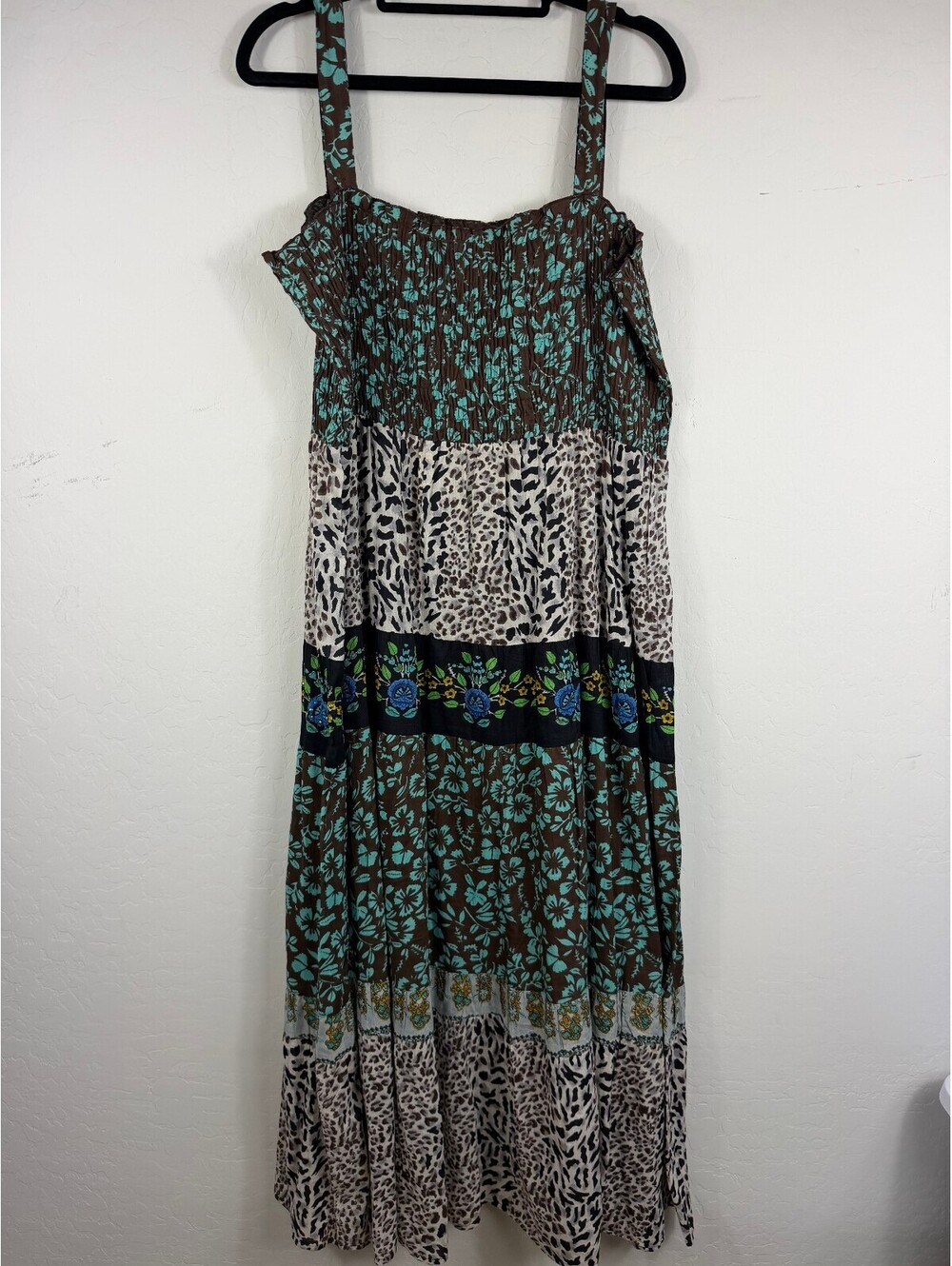 Shana K Brown Teal Floral Leopard Print Tiered Maxi Dress Boho Prairie Size M